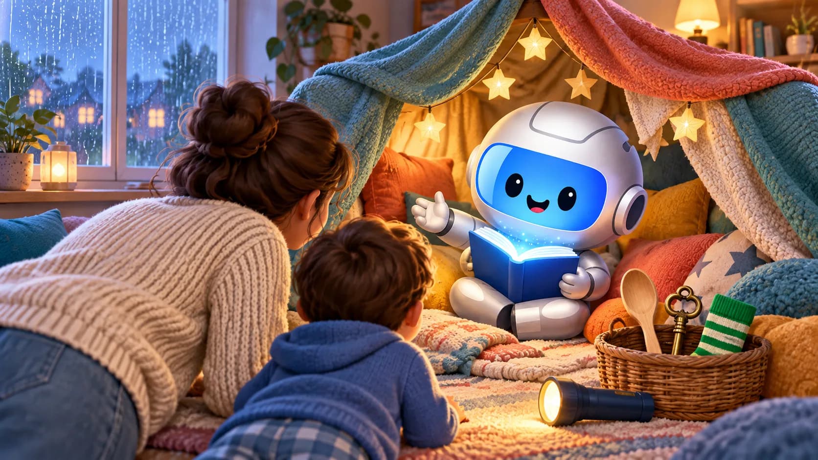 Indoor storytelling activities for kids: low-prep games for rainy days — ELEN mascot illustration